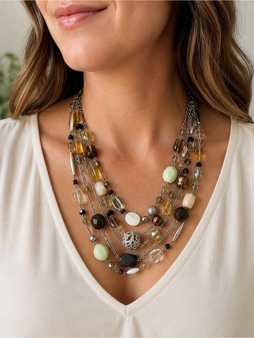 Lia Sophia Multi Strand Beaded Statement Necklace Silver Tone Green Brown